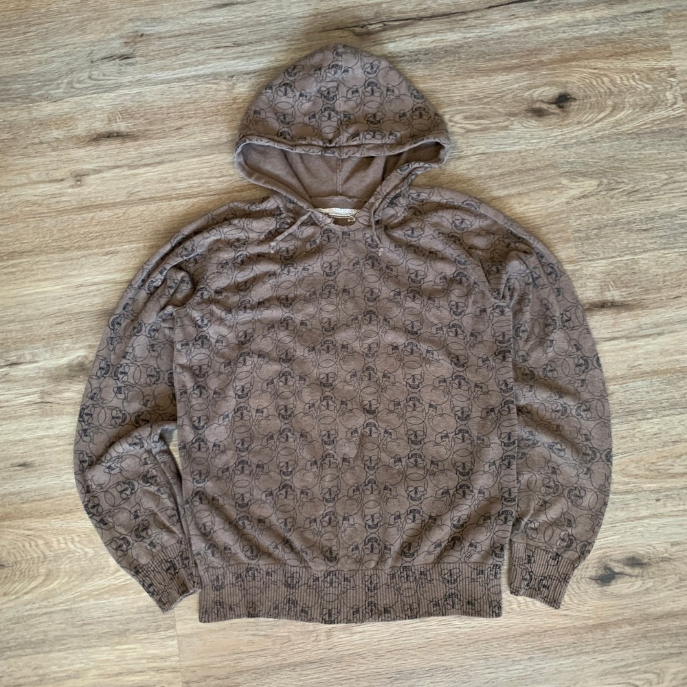 RARE Vintage 90s y2k‎ skull long sleeve shirt hoodie in brown - size medium mens